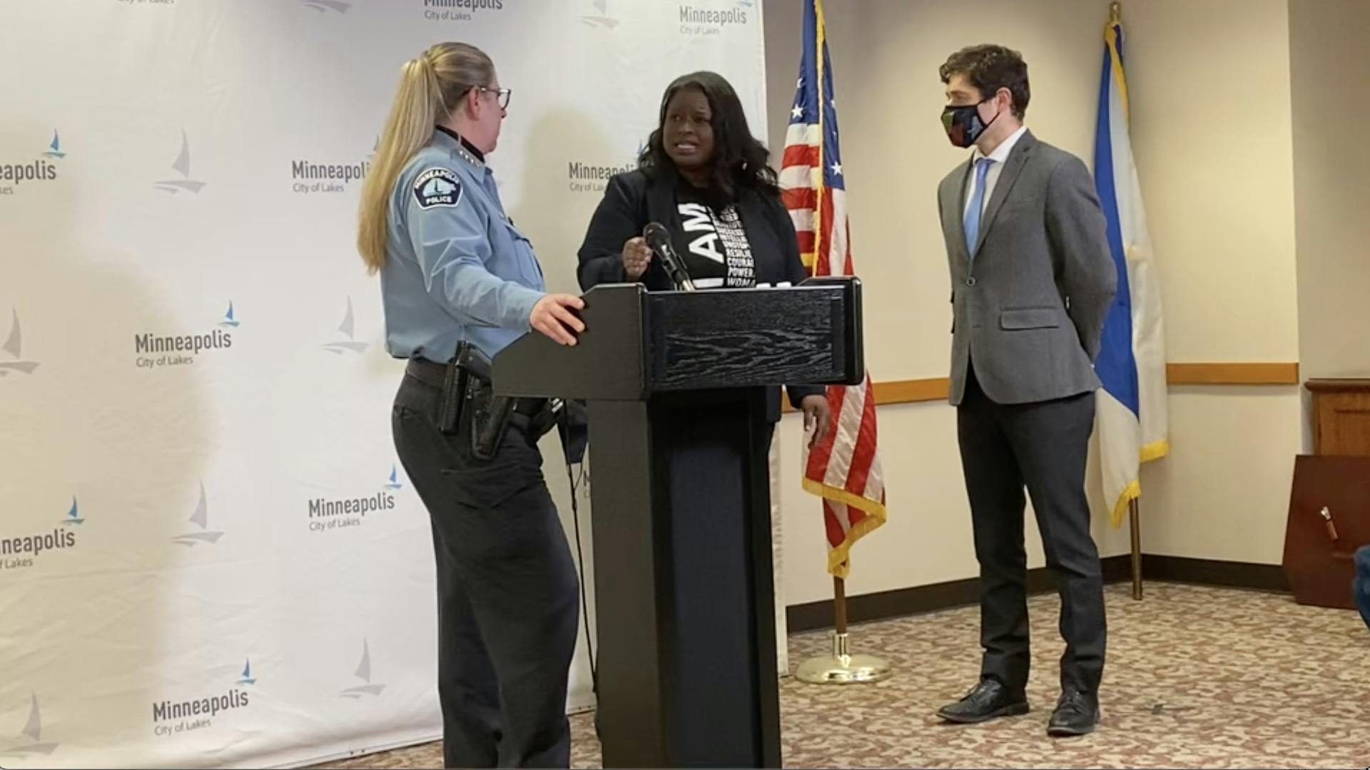 Nekima Levy Armstrong spoke to Interim Police Chief Huffman and Mayor Frey at a briefing following the release of police body camera footage of the shooting death of Amir Locke.