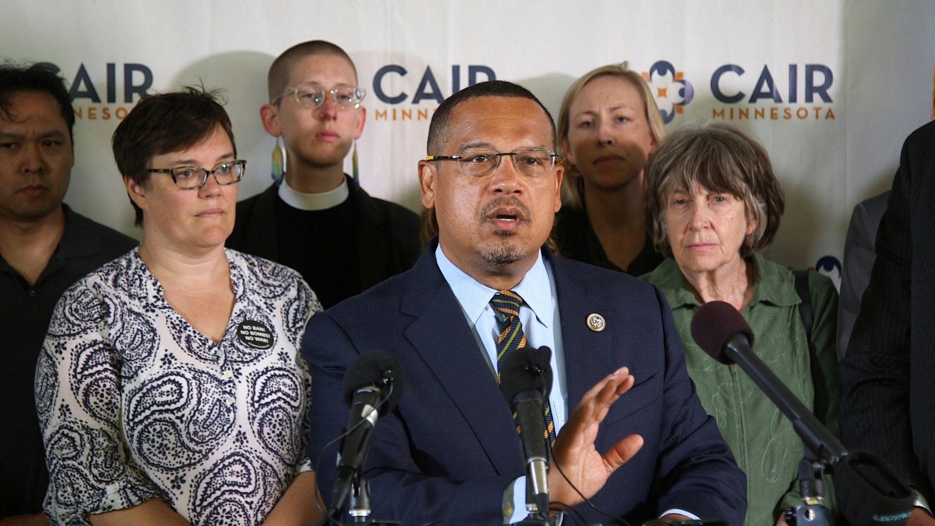 Ellison and other Minnesota Muslim community members and supporters held a news conference Tuesday to rebuke the Supreme Court's decision to uphold President Donald Trump's ban on travel from several mostly Muslim countries.