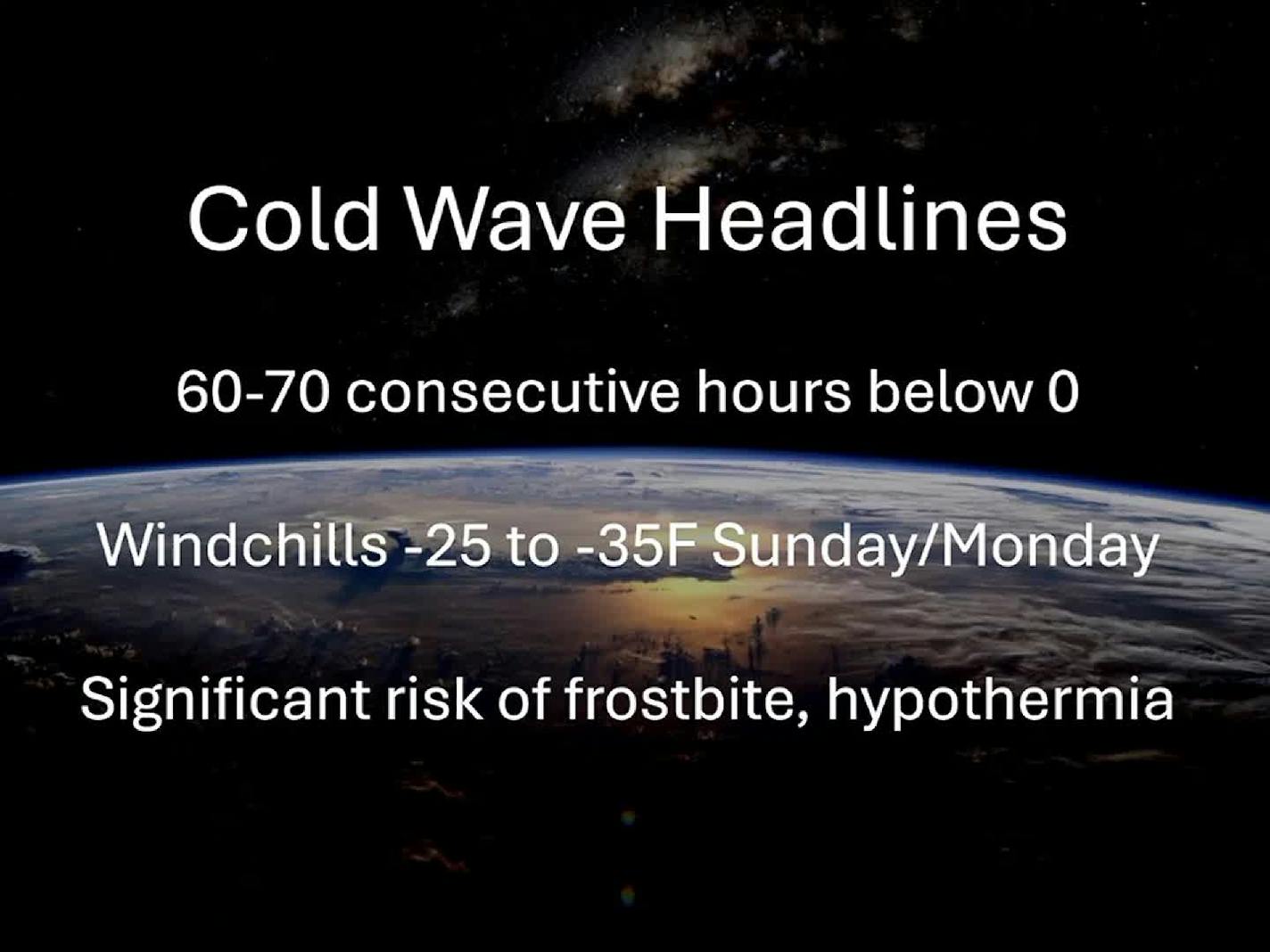 Dangerously cold air Sunday into Tuesday morning, possibly 60-70 consecutive hours below zero