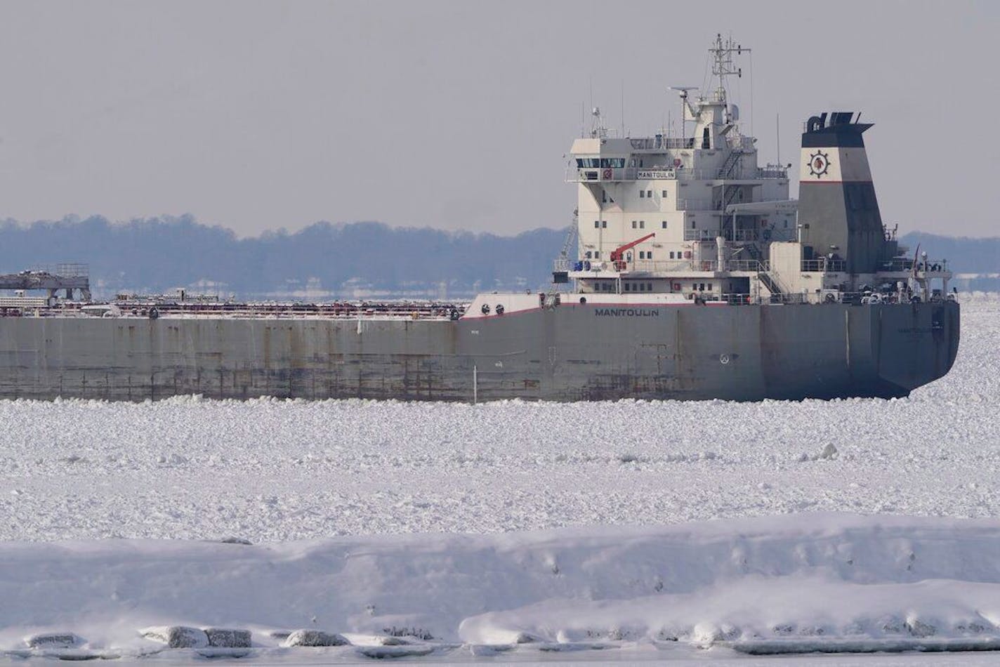 Freighter remains stuck in frozen Lake Erie