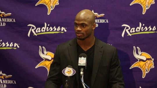 Vikings running back Adrian Peterson carried the ball for 212 yards in a 36-22 victory over the Rams in St. Louis, leaving him 294 yards shy of breaking the single-season rushing record of 2,105 set by Eric Dickerson.