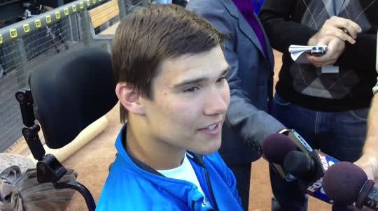 Jack Jablonski, who has been battling to recover after being paralyzed in a Benilde-St. Margaret's junior varsity hockey game last winter, talked to the media prior to throwing out the first pitch before the Twins-Yankees game at Target Field on September 24, 2012.