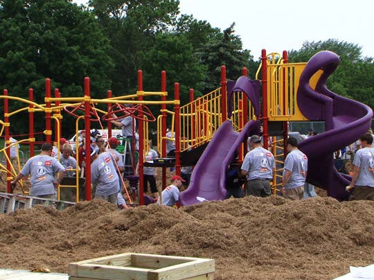 Vikings head coach, Leslie Frazier went to Northport Elementary School in Brooklyn Center to help build a playground. Vikings staff members, former players, Toro Company employees and organizers from the nonprofit organization KaBOOM! were also there.