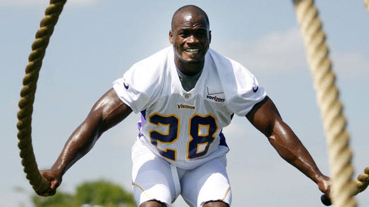 Excitement in Vikings training camp built as running back Adrian Peterson prepared to take the field in full pads.