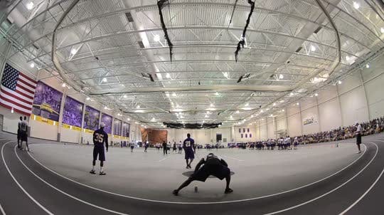 Walk-through practice was inside the Minnesota State Mankato Fieldhouse on Saturday morning because of rain. Afternoon practice was moved to Blakeslee Stadium this evening.