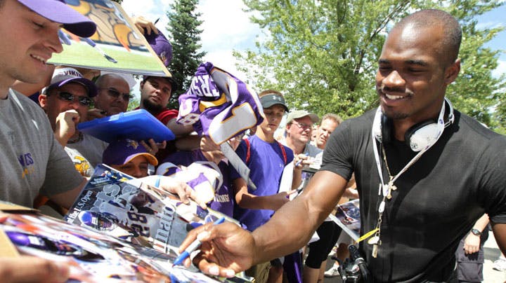 Vikings running back Adrian Peterson arrived at training camp confident in his surgically repaired knee and that the resisting arrest charges against him in Texas will be dropped.