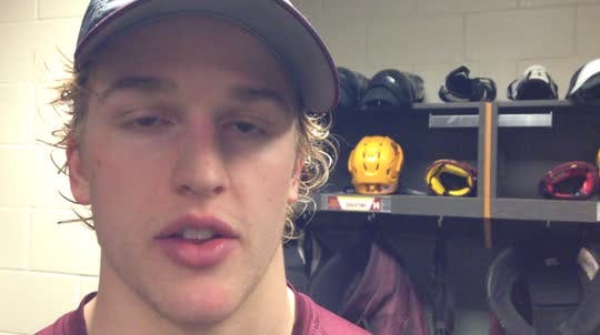 Hudson Fasching was one of three Gophers freshmen to score goals in a 7-3 victory over Robert Morris on Saturday night.