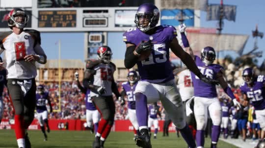 Vikings rookie linebacker Anthony Barr forced a fumble and recovered it 27 yards for the game-winning touchdown on Sunday. The Vikings defeated the Bucs 19-13 in overtime.