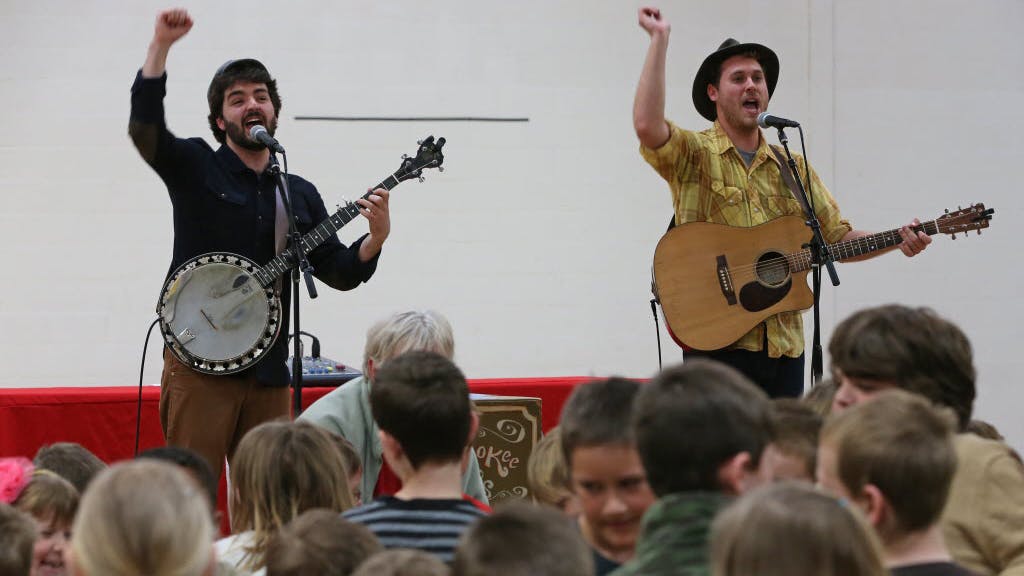 The Okee Dokee Brothers performed live at St. Croix Lutheran School in West St. Paul, April, 11th, 2014.