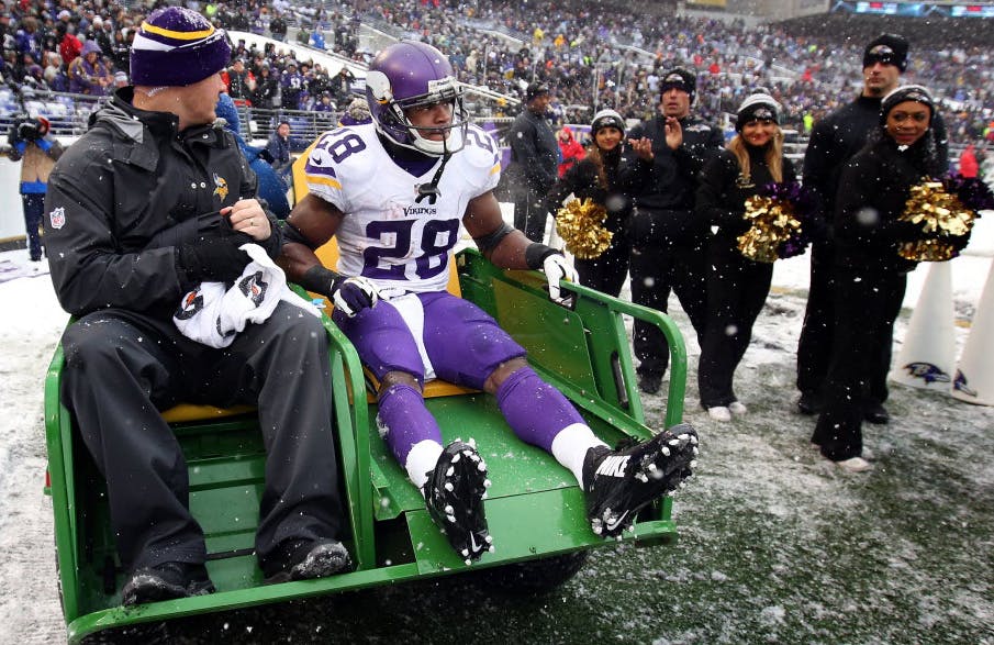 Vikings running back Adrian Peterson injured his ankle in the first half. He was helped off the field and eventually carted into the locker room. Peterson had X-rays and walked on his own power.