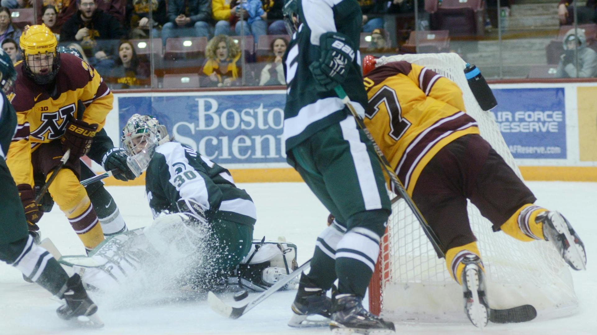 Senior Kyle Rau scored two goals, but the Gophers struggled with consistency in a 4-2 loss to Michigan State on Friday night.