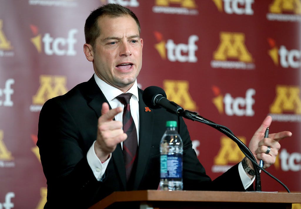 The new Gophers football coach aims high -- championships, mega recruiting classes -- while discussing his first class.