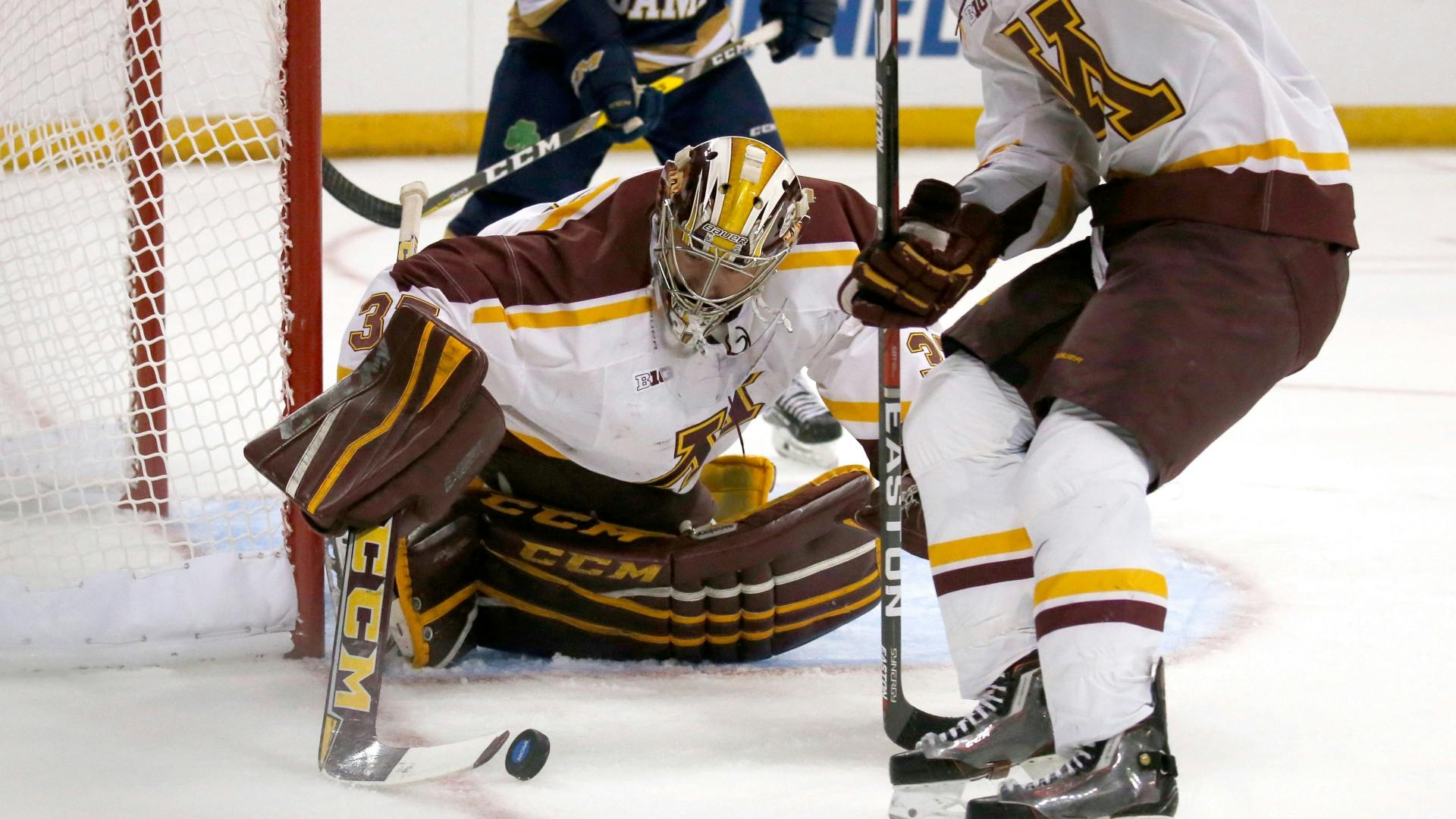 Gophers goaltender Eric Schierhorn gave an emotional tribute to the team's six seniors after its 3-2 loss to Notre Dame on Saturday in the NCAA tournament.
