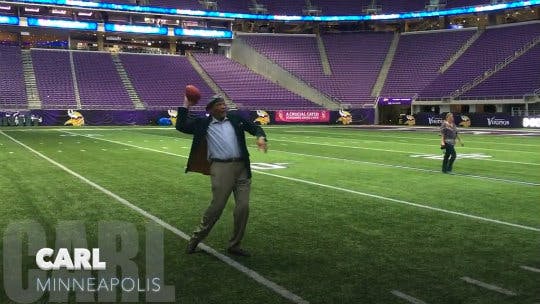 The Minnesota Super Bowl committee wants to showcase actual Minnesotans catching then tossing a football in a montage of homemade videos woven together in familiar Minnesota places.