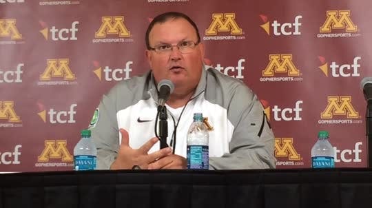 Gophers coach Tracy Claeys speaks to the media after Saturday's win over Colorado State.