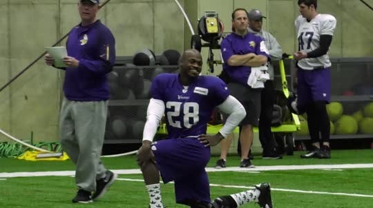 Adrian Peterson is practicing with the Vikings, but how soon will he play in a game?