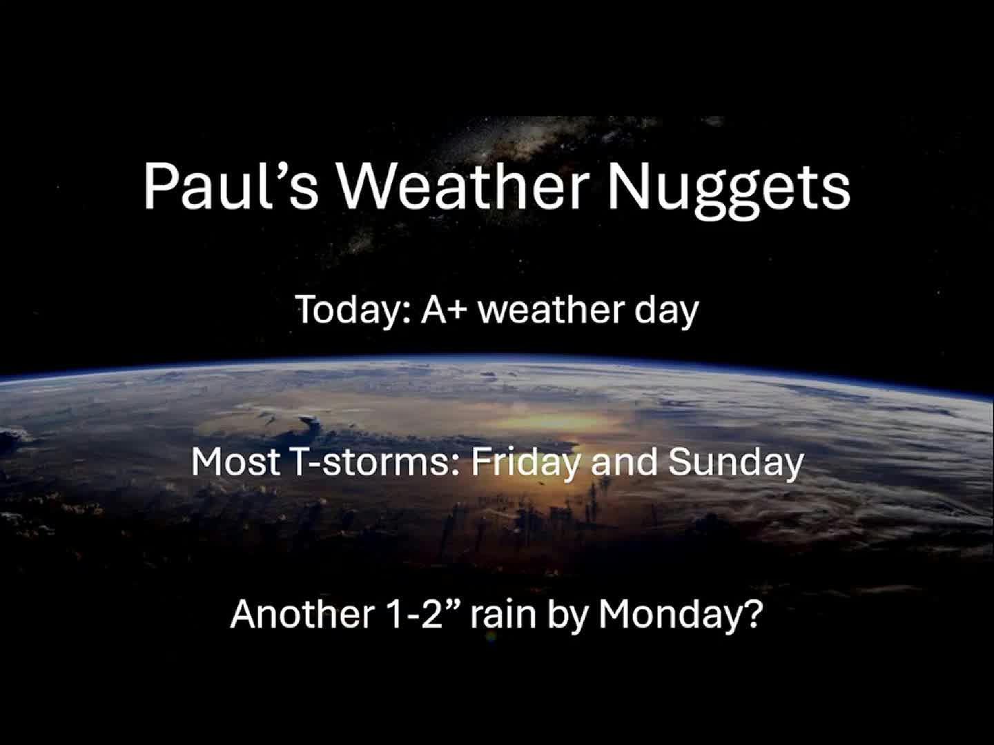 Our mostly-wet pattern continues. This is just a brief intermission. More heavy showers and T-storms return late Thursday and Friday, another atmosphe