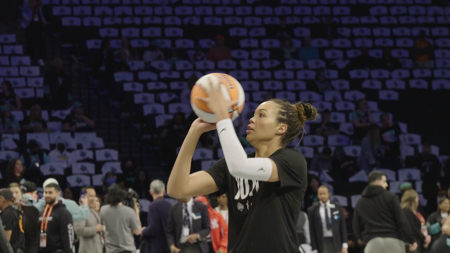 Napheesa Collier warms up before game 5 of the WNBA Finals in New York.